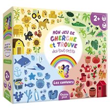 Les couleurs : Mon jeu de cherche et trouve des tout-petits : 2-5 ans; 1-4 jouerus; 10 minutes : 60 tuiles épaisses pour les petites mains + 4 plateaux recto verso et 6 jeux différents
