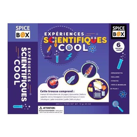Coffret : Expériences scientifiques cool : Manuel d'instruction de 24 pages; éprouvette; ballons; pipette; écrou hexagonal; raccord de tuyau à 3 voies; élastiques; paille; bille; pâte à modeler