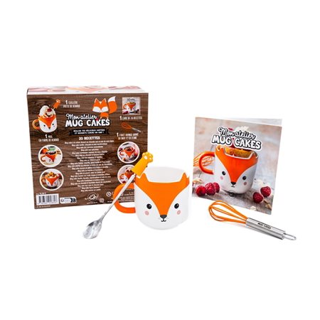 Coffret : Renard : Mon atelier mug cakes : 1 mug en forme de renard; 1 cuillère patte de renard; 1 fouet orange gravé en inox et silicone + 1 livre de 20 recettes