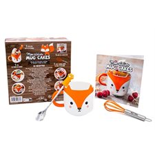 Coffret : Renard : Mon atelier mug cakes : 1 mug en forme de renard; 1 cuillère patte de renard; 1 fouet orange gravé en inox et silicone + 1 livre de 20 recettes