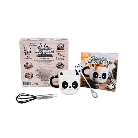 Coffret : Panda : Mon atelier mug cakes : Cuisine1 mug en forme de panda; 1 cuillère patte de panda; 1 fouet noir gravé en inox et silicone + 1 livre de 20 recettes