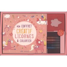 Mon coffret créatif licornes à colorier : Inlus 1 livre de 64 pages; 3 pochoirs + 5 feutres