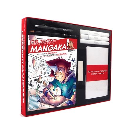 Le kit de l'apprenti mangaka : Inclus 1 livre objectif mangaka; 10 feuilles papier layout; 1 feutre à alcool noir, blender et gris; 1 fineliner pointe 0.5 mm; 1 crayon graphite + 1 gomme