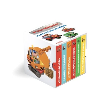 Ma petite bibliothèque P'tits véhicules : Le camion de Léon; la moto de Margot; la grue de Lulu; le tracteur de Fleur; le camion-poubelle de Marcel & la tractopelle d'Axel : Livre cartonné
