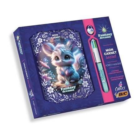 Coffret : Fantasy dreams : Mon carnet secret : Forêt magique : Comprend 1 carnet secret; 1 cadenas + 2 clés + 1 stylo collector Bic 4 couleurs