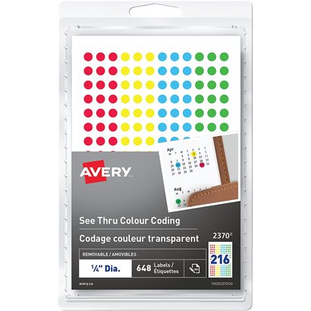 Étiquettes autoadhésives translucides 1 / 4 po (pqt 648) rouge, vert, jaune, bleu