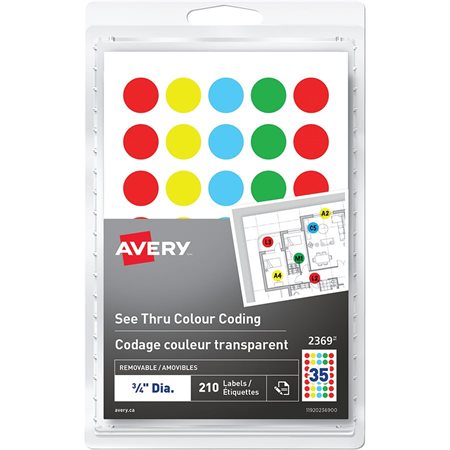 Étiquettes autoadhésives translucides 3 / 4 po (pqt 210) rouge, lime, bleu, vert