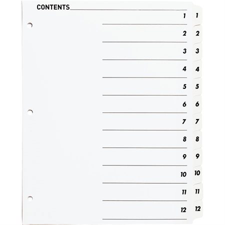 Intercalaires à onglet imprimable 12 onglets 1-12 blanc. 1 jeu