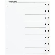 Intercalaires à onglet imprimable 8 onglets 1-8 blanc. 1 jeu