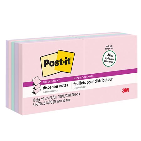 Feuillets recyclés Post-it® Super Sticky - La vie en pastel 3 x 3 po. Pop Up Bloc de 90 feuillets (pqt 10)