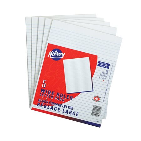 Bloc de papier blanc Ligné 5 / 16". Paquet de 5. 8-3 / 8 x 10-7 / 8"