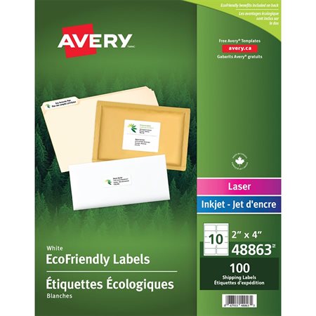 Étiquettes d'adresse blanches Écologiques Paquet de 10 feuilles 4 x 2" (100)