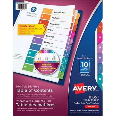 Intercalaires Ready Index® Couleurs variées. 1 jeu. Imprimés. 1-10