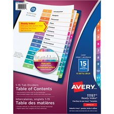 Intercalaires Ready Index® Couleurs variées. 6 jeux. Imprimés. 1-15