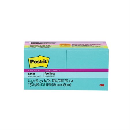 Feuillets Post-it® Super Sticky - collection Éclat de lumière 2 x 2 po bloc de 90 feuillets (pqt 8)