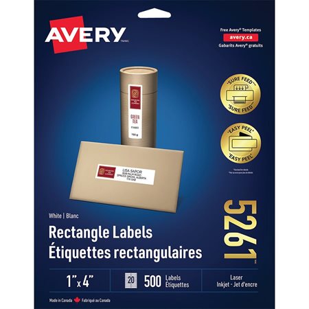 Étiquettes rectangulaires blanches Easy Peel® Paquet de 25 feuilles 4 x 1” (500)