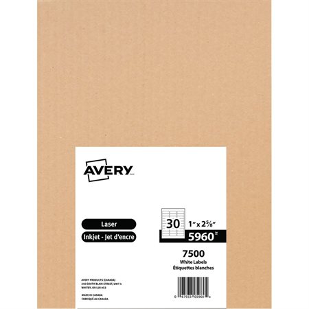 Étiquettes rectangulaires blanches Easy Peel® Boîte de 250 feuilles 2-5 / 8” x 1” (7500)