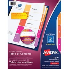 Intercalaires Ready Index® Couleurs variées. 6 jeux. Imprimés. 5 onglets