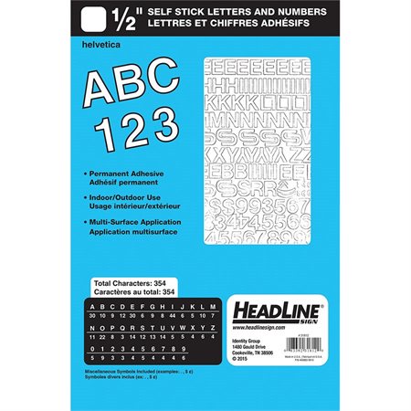 Lettres et chiffres en vinyle Geosign Chiffres blancs, lettres majuscules et minuscules 12 mm (1 / 2")