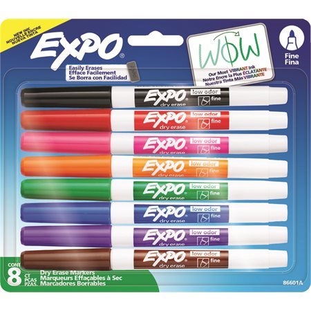Marqueur effaçable à sec pour tableau blanc Expo® à faible odeur Fine. Paquet de 8 variés