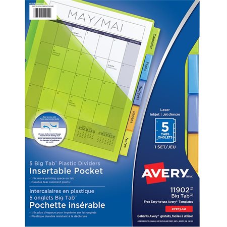 Intercalaires insérables Big Tab™ en plastique avec pochette, jeu de 5 onglets.