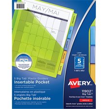 Intercalaires insérables Big Tab™ en plastique avec pochette, jeu de 5 onglets.