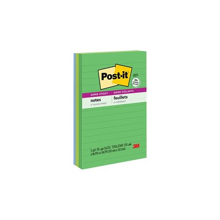 Feuillets recyclés Post-it® Super Sticky - collection Bora Bora 4 x 6 po, lignés bloc de 90 feuillets (pqt 3)
