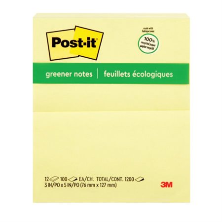 Feuillets autoadhésifs Post-it® recyclés Uni 3 x 5 po. (12)