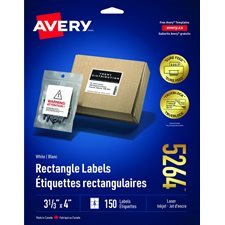 Étiquettes rectangulaires blanches Paquet de 25 feuilles 4 x 3-1 / 3" (150)