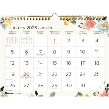 Calendrier mural mensuel à gros caractères (2026) 11 x 8 po