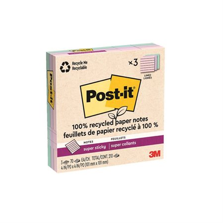 Feuillets recyclés Post-it® Super Sticky - La vie en pastel 4 x 4 po. Ligné. paquet de 3, bloc de 70 feuilles