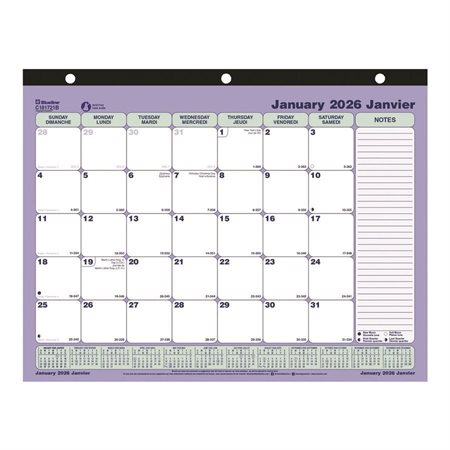 Calendrier sous-main mensuel (2026) 11 x 8-1 / 2 po bilingue